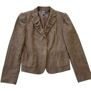 DKNY Donna Karan Wool Blend Ruched Collar Buttoned Blazer Jacket Brown Size 8